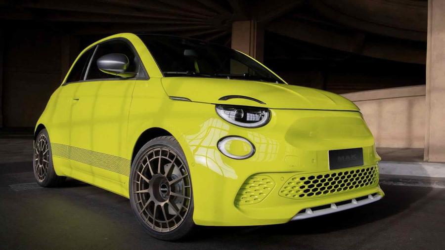 Immagine cerchi in lega modello mak ntt matt bronze montati sulla vettura FIAT 500 colore giallo